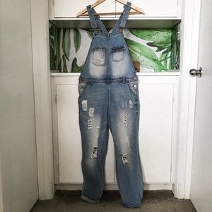 Distressed long jean overalls